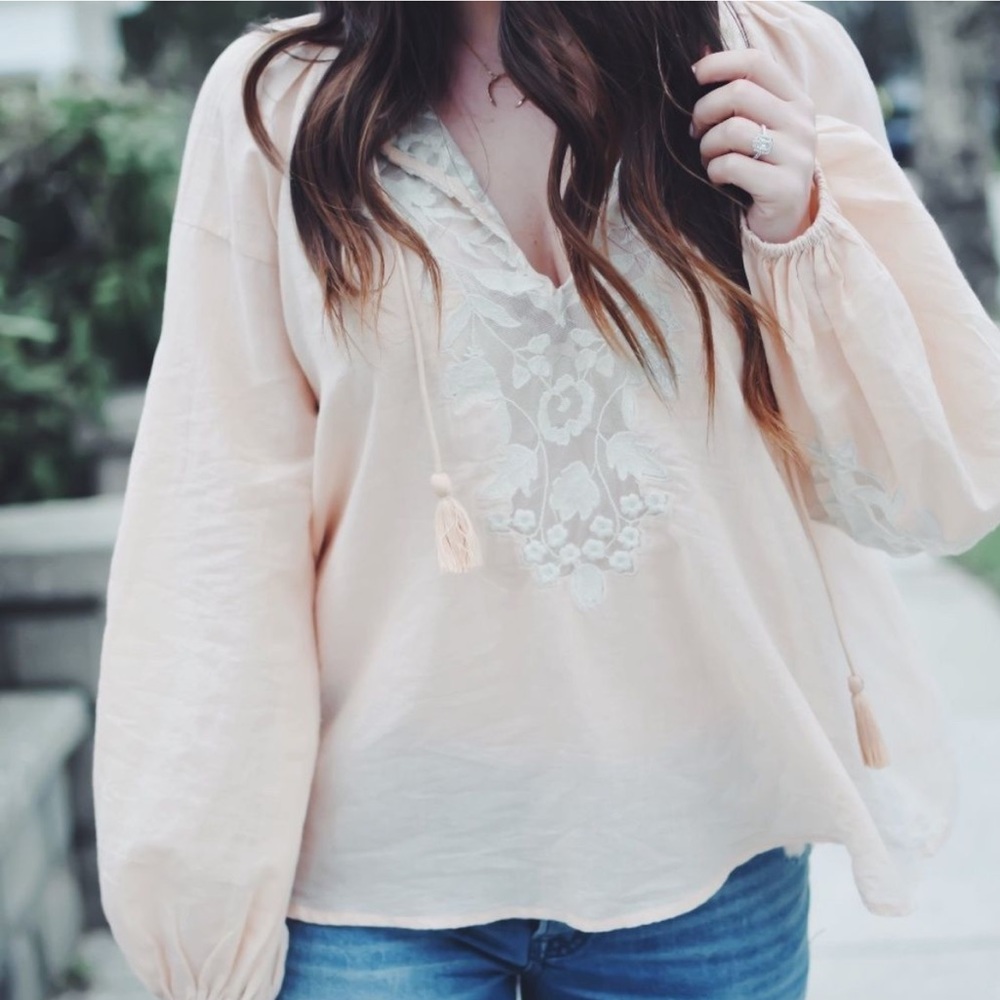 Free People Pale Peach Embroidered Lightweight Cotton Peasant Blouse - Picture 13 of 16